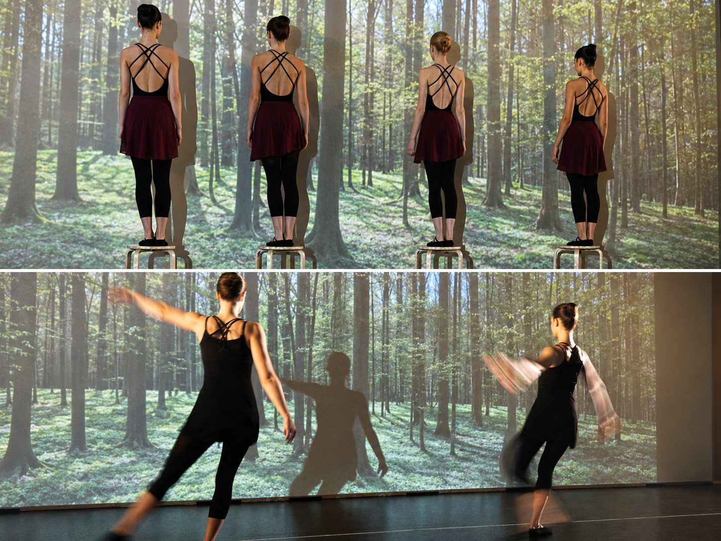 Tänzerinnen in dunklen Kostümen vor einer Frühlingswald-Projektion – Ensemble der Ballettschule tanzahrt